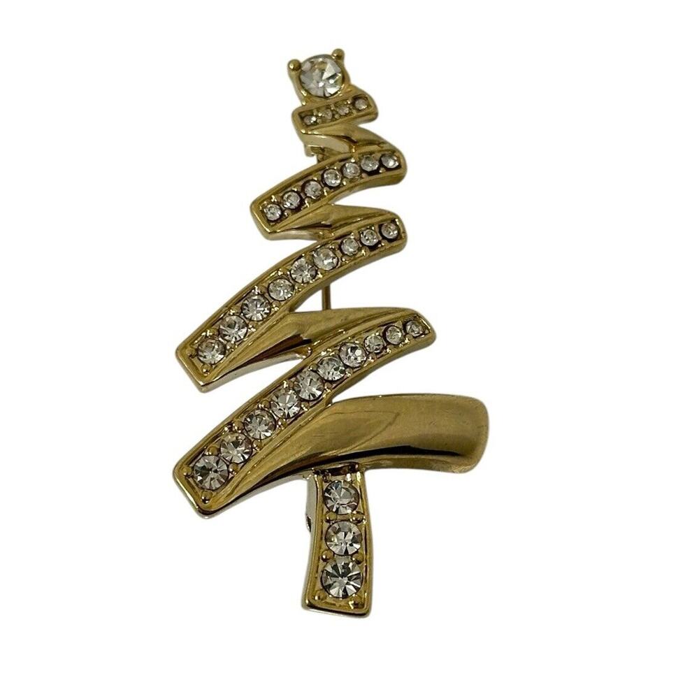 1990s Monet Squiggle Christmas Tree Pin Rhinestone Gold Tone Vintage